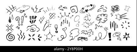 Élément de mouvement de ligne, effet d'émotion anime. Ensemble de crayon à craie dessiné à la main, signes d'expression fusain, lignes d'action ou points d'exclamation. Crayon noir manga symboles comiques d'emoji. Illustration de Vecteur