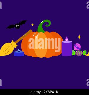 Bonne bannière ou bordure d'Halloween avec chauves-souris, citrouille, bougie, bonbons. Luminance suspendue Spooky Ornaments décoration illustration vectorielle, astuce ou traitement Illustration de Vecteur