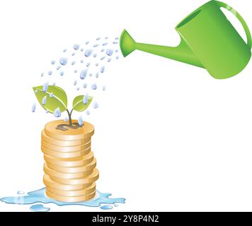 Une illustration vibrante d'une plante verte poussant à partir d'une pile de pièces d'or arrosées, symbolisant la croissance des investissements et la prospérité financière. Perf Illustration de Vecteur