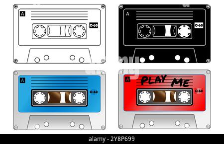 Cassettes de bande vintage de style ancien, dessins de cassette rétro isolés sur un fond blanc Illustration de Vecteur