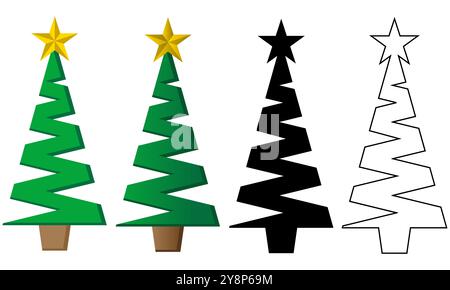 Ensemble de dessins d'arbre de Noël en couleur, dégradé, silhouette et contour isolé sur un fond blanc Illustration de Vecteur