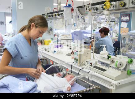 Nouveau-né, unité de soins intensifs néonataux, Hôpital Donostia, Saint-Sébastien, Donostia, Gipuzkoa, pays basque, Espagne. Banque D'Images