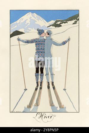 'L'hiver' [hiver] illustration de George Barbier (1882-1932) montrant un couple élégant embrassant tout en skiant dans le style Art déco. Photographie tirée d'un portfolio original d'impression pochoir en édition limitée des années 1920. Crédit : Collection privée / AF Fotografie Banque D'Images