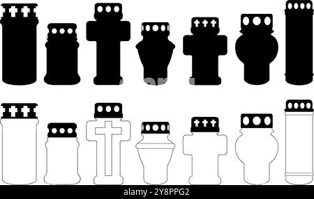 Ensemble de différentes bougies lumineuses funèbres commémoratives isolées sur blanc Illustration de Vecteur