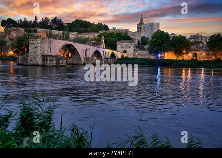 Centre historique du Palais des Papes, complexe épiscopal et le Pont Saint Benezet, le Rhône, Avignon, Vaucluse, Provence-Alpes-Côte d'Azur, France, Europe. Banque D'Images