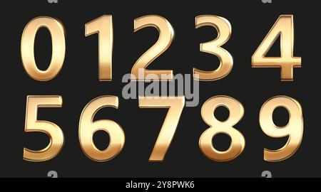 Numéros d'or. Police dorée 3D pour anniversaire. Lettre métallique. Décoration alphabet de luxe d'anniversaire ou de mariage. Brillance métallique brillante. Solde icônes de feuilles numériques. Ensemble vectoriel d'éléments de logo typographie Illustration de Vecteur