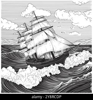 Un vieux voilier sur les vagues de la mer. Dessin vectoriel sur fond blanc. Illustration de Vecteur
