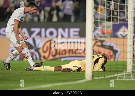 Firenze, Italie. 06 octobre 2024. Mike Maignan de Milan enregistre un penalty lors du match Serie A Enilive 2024/2025 entre la Fiorentina et Milan - Serie A Enilive au stade Artemio franchi - Sport, Football - Florence, Italie - dimanche 6 octobre 2024 (photo Massimo Paolone/LaPresse) crédit : LaPresse/Alamy Live News Banque D'Images