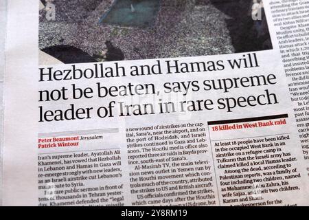 "Le Hezbollah et le Hamas ne seront pas battus, a déclaré le leader suprême de l'Iran dans un discours rare" article du journal Guardian 5 octobre 2024 Londres Royaume-Uni Banque D'Images