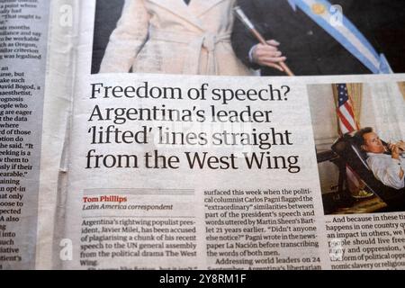 'Liberté d'expression ? Le leader argentin a "levé" les lignes directement de l'aile ouest" titre du journal du Guardian Javier Milei article 5 octobre 2024 Royaume-Uni Banque D'Images