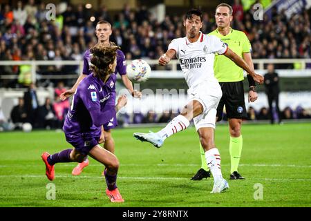 Firenze, Italie. 06 octobre 2024. Tijjani Reijnders de l'AC Milan en action lors du match de football Serie A entre l'ACF Fiorentina et l'AC Milan au stade Artemio franchi de Firenze (Italie), le 6 octobre 2024. Crédit : Insidefoto di andrea staccioli/Alamy Live News Banque D'Images