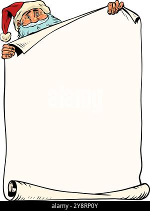 Liste de souhaits pour le nouvel an et noël. Père noël avec feuille blanche. Espace blanc pour la publicité en hiver. Illustration de Vecteur