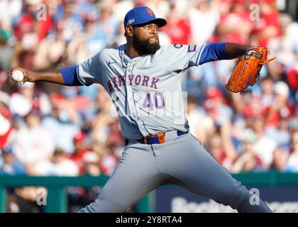 Philadelphie, États-Unis. 06 octobre 2024. Luis Severino, lanceur débutant des New York mets, affronte les Phillies de Philadelphie dans la première manche du deuxième match de la MLB NLDS au Citizens Bank Park à Philadelphie, en Pennsylvanie, le dimanche 6 octobre 2024. Photo de Laurence Kesterson/UPI crédit : UPI/Alamy Live News Banque D'Images