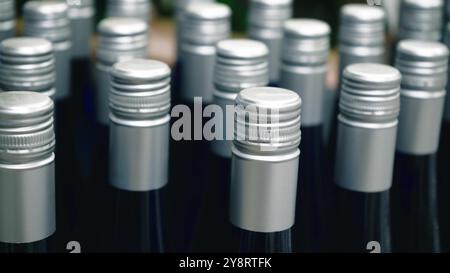 La vue avec une chambre de mouvement sur de nombreuses bouteilles de vin debout dans l'usine est prête à la vente. Les rangées de bouteilles en verre de la collection de rouge Banque D'Images