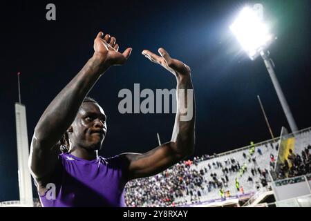 Firenze, Italie. 06 octobre 2024. Moise Kean de l'ACF Fiorentina célèbre à la fin de la Serie A match de football entre l'ACF Fiorentina et l'AC Milan au stade Artemio franchi de Firenze (Italie), le 6 octobre 2024. Crédit : Insidefoto di andrea staccioli/Alamy Live News Banque D'Images