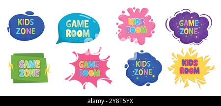 Badges de salle de jeu pour enfants de dessin animé, étiquettes de zone de jeu. Divertissement salle de jeux pour enfants, zone de jeu autocollants de partie plat de symboles vectoriels. pla enfant coloré Illustration de Vecteur