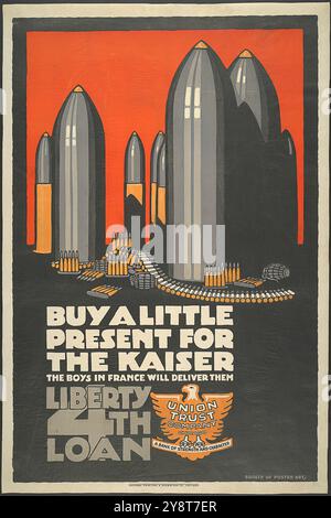 Affiche de guerre américaine vintage 'Achetez un petit cadeau pour le Kaiser' montrant des obus et des munitions de bom. Par Liberty 4ème prêt. circa 1917-18 Banque D'Images
