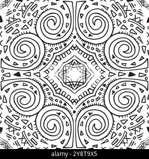 Tatouage géométrique tribal polynésien noir blanc abstrait dessiné à la main motif sans couture. Illustration sans fin de ligne de vecteur sur fond blanc Illustration de Vecteur