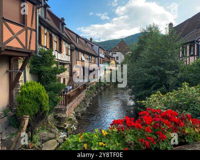 Vue panoramique de maisons à colombages le long d'une rivière avec des fleurs rouges vibrantes à Kaysersberg, Alsace, France. Un village pittoresque entouré par la nature Banque D'Images