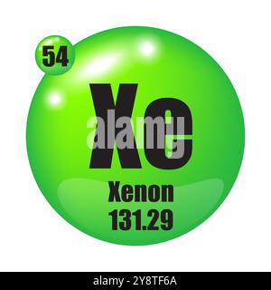 Icône xénon. Elément chimique XE. Numéro atomique 54. Masse 131.29. Sphère verte. Illustration de Vecteur