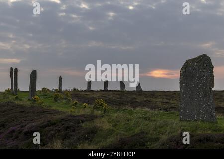 Coucher de soleil, anneau de Brodgar, cercle de pierre et douves, monument néolithique, site du patrimoine mondial de l'UNESCO, continent, Orcades, Écosse, Grande-Bretagne Banque D'Images