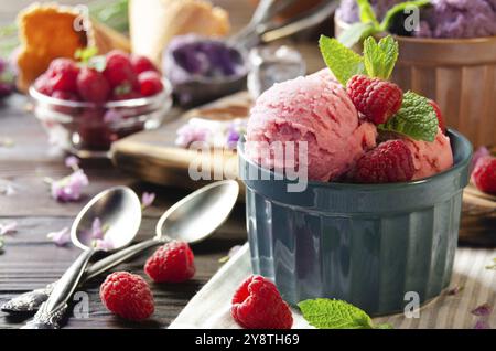 Boulettes de glace à la framboise rose dans des bols en argile sur une table de cuisine en bois avec baies et cuillères de côté Banque D'Images