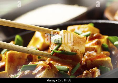 Plat de tofu Mapo de caillé de soja maintenu dans des baguettes Banque D'Images