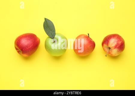 Pommes rouges et verte sur fond jaune, plat Banque D'Images