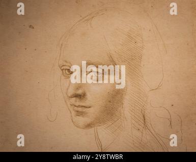 Turin, Italie, avril 2023 : dessin de Léonard de Vinci, Bibliothèque royale, visage d'une fille, 1485, Europe Banque D'Images