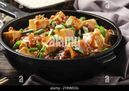 Mapo tofu dans une poêle en fonte avec ciboulette hachée de porc sauce soja poivre du sichuan ail et épices Banque D'Images