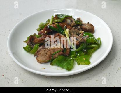 viande de canard rôtie brouillée au poivre vert sur l'assiette blanche Banque D'Images