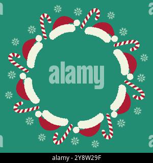 Casquettes de père Noël, canne à bonbons et flocons de neige bordure ronde festive dans des tons de Noël tendance. Copier l'espace. Cartes d'illustration vectorielle isolées, affiche, dépliants, bannière, salutations, étiquette de prix, étiquette ou web Illustration de Vecteur