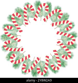 Arbre de Noël rameaux persistants, canne de bonbons et flocons de neige festive Round Frame Border idée de modèle. Copyspace. Cartes d'illustration vectorielle isolées, affiche, dépliants, bannière, message d'accueil, tag, label ou web Illustration de Vecteur