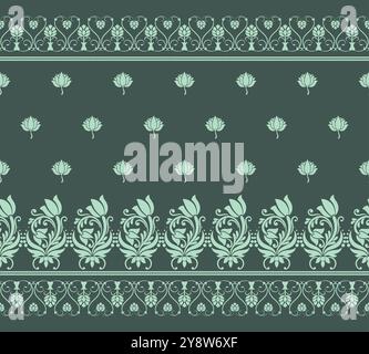 Le motif vert floral ikat Indian motif sans couture horizontale est conçu pour les décorations de fond, les impressions textiles, la texture de tissu et autres Illustration de Vecteur