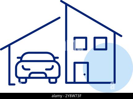 Villa moderne avec voiture dans le garage. Banlieue, résidence avec accès véhicule. Logement confortable. Immobilier, types de propriété. Pixel Perfect, modifiez Illustration de Vecteur