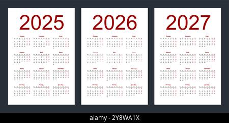 Grille de calendrier pour 2025, 2026 et 2027 ans. Modèle vertical simple en langue russe. La semaine commence à partir du lundi. Illustration vectorielle isolée sur wh Illustration de Vecteur