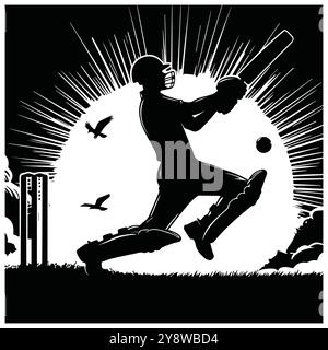 Illustration en noir et blanc capturant un joueur de cricket en action, mettant l'accent sur le mouvement et l'intensité du sport, conception vectorielle noire de joueur de cricket Illustration de Vecteur