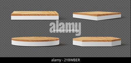 Podium au sol blanc avec scène en plaque en bois. Vector élégantes bases géométriques marbrées avec des surfaces en bois élégantes. Présentoirs ou plates-formes pour la présentation de produits écologiques naturels ou la présentation de la marque Illustration de Vecteur