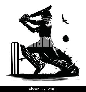 Illustration en noir et blanc capturant un joueur de cricket en action, mettant l'accent sur le mouvement et l'intensité du sport, conception vectorielle noire de joueur de cricket Illustration de Vecteur