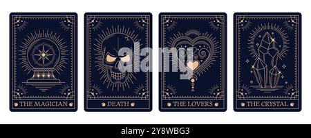 Cartes de Tarot occultes magiques dans des cadres ésotériques mystiques avec des symboles d'arcane, couvertures de decks vectoriels. Cartes de tarot avec des signes de prédiction de la mort du crâne, les amoureux du cœur ou magicien et cristal pour les decks inversés Illustration de Vecteur