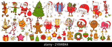 Dessins animés groovy personnages drôles de Noël pour les vacances d'hiver, icônes vectorielles. Groovy Santa avec arbre de Noël et cadeaux du nouvel an, Ho Ho Ho et cookie avec personnage funky de bonhomme de neige dans le dessin animé rétro Illustration de Vecteur