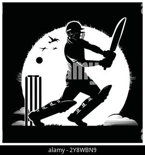 Illustration en noir et blanc capturant un joueur de cricket en action, mettant l'accent sur le mouvement et l'intensité du sport, conception vectorielle noire de joueur de cricket Illustration de Vecteur