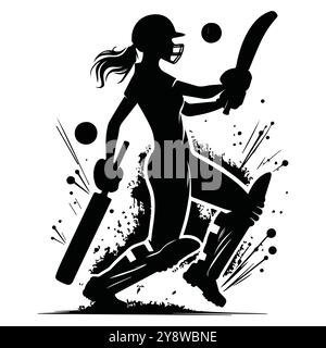 Illustration en noir et blanc capturant un joueur de cricket en action, mettant l'accent sur le mouvement et l'intensité du sport, conception vectorielle noire de joueur de cricket Illustration de Vecteur