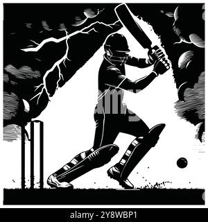 Illustration en noir et blanc capturant un joueur de cricket en action, mettant l'accent sur le mouvement et l'intensité du sport, conception vectorielle noire de joueur de cricket Illustration de Vecteur