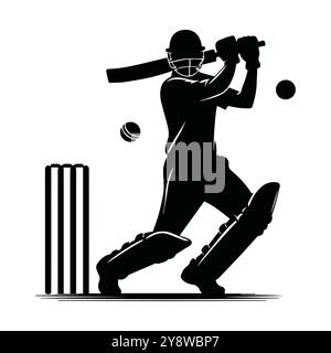 Illustration en noir et blanc capturant un joueur de cricket en action, mettant l'accent sur le mouvement et l'intensité du sport, conception vectorielle noire de joueur de cricket Illustration de Vecteur