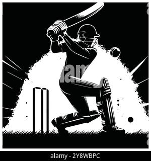 Illustration en noir et blanc capturant un joueur de cricket en action, mettant l'accent sur le mouvement et l'intensité du sport, conception vectorielle noire de joueur de cricket Illustration de Vecteur