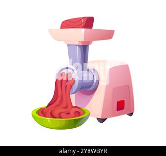 Hachoir à viande et viande hachée pour le processus de cuisson des aliments, vecteur de dessin animé. Hachoir à viande ou hachoir avec viande crue et hachée dans un bol, appareil de cuisine pour la préparation des aliments ou ustensiles de cuisine de boucherie Illustration de Vecteur