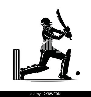 Illustration en noir et blanc capturant un joueur de cricket en action, mettant l'accent sur le mouvement et l'intensité du sport, conception vectorielle noire de joueur de cricket Illustration de Vecteur