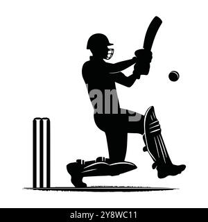 Illustration en noir et blanc capturant un joueur de cricket en action, mettant l'accent sur le mouvement et l'intensité du sport, conception vectorielle noire de joueur de cricket Illustration de Vecteur