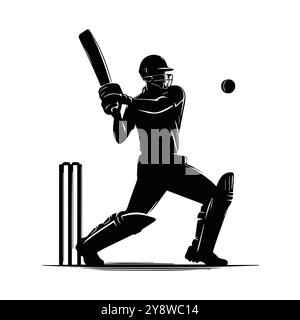 Illustration en noir et blanc capturant un joueur de cricket en action, mettant l'accent sur le mouvement et l'intensité du sport, conception vectorielle noire de joueur de cricket Illustration de Vecteur